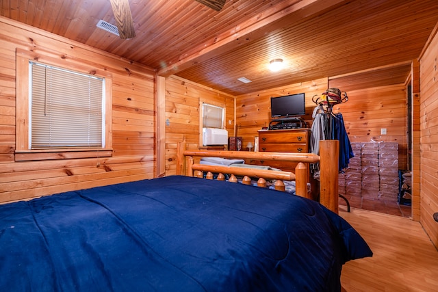 bedroom featuring wooden walls, hardwood / wood-style floors, beamed ceiling, and wooden ceiling