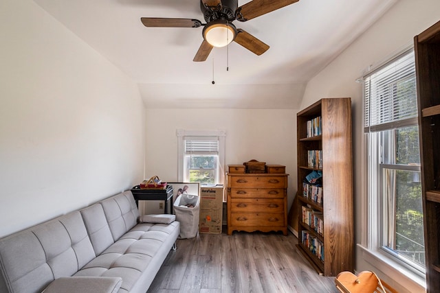 living room featuring ceiling fan, light hardwood / wood-style floors, and vaulted ceiling