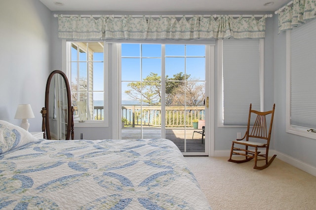 bedroom featuring access to outside and carpet flooring