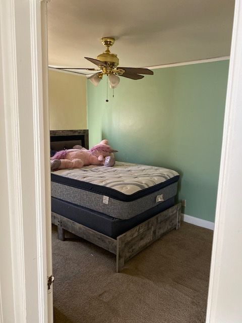 carpeted bedroom featuring ceiling fan