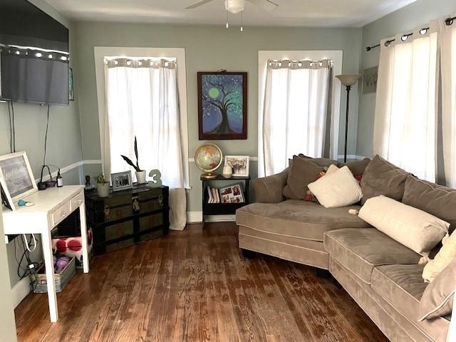 living area featuring ceiling fan and dark wood-type flooring