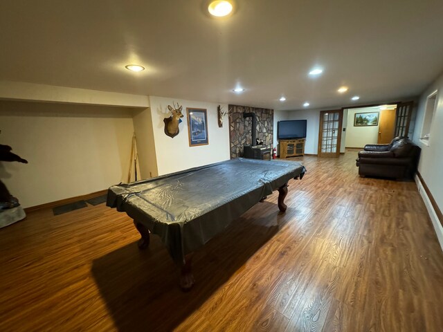 2065 S Lapeer Rd, Lapeer, MI 48446 - recreation room featuring a wood stove, baseboards, recessed lighting, wood finished floors, and billiards table