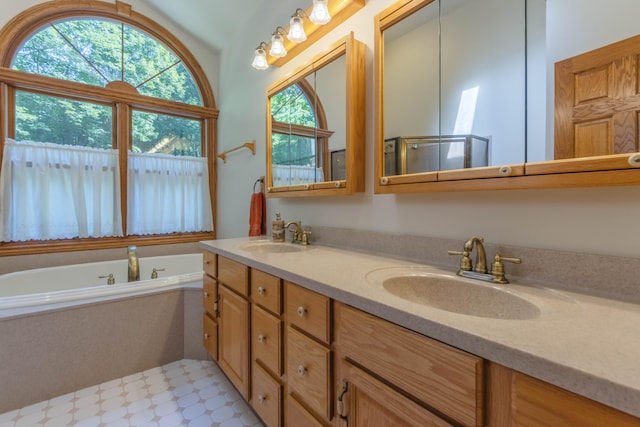 bathroom with plus walk in shower, plenty of natural light, and vanity