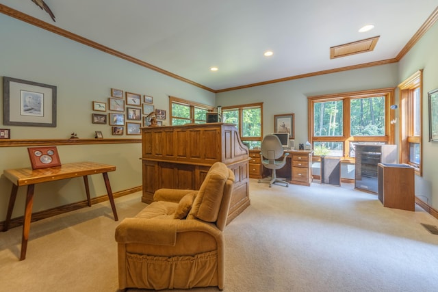 interior space featuring light carpet, crown molding, and a healthy amount of sunlight