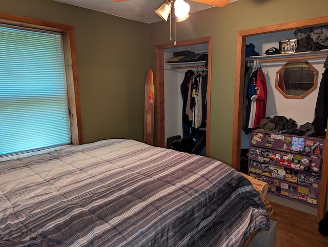 bedroom featuring a textured ceiling, a closet, hardwood / wood-style flooring, and ceiling fan