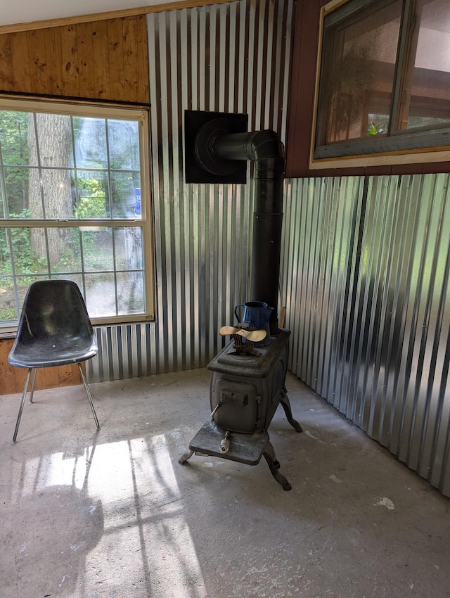 living room with a wood stove