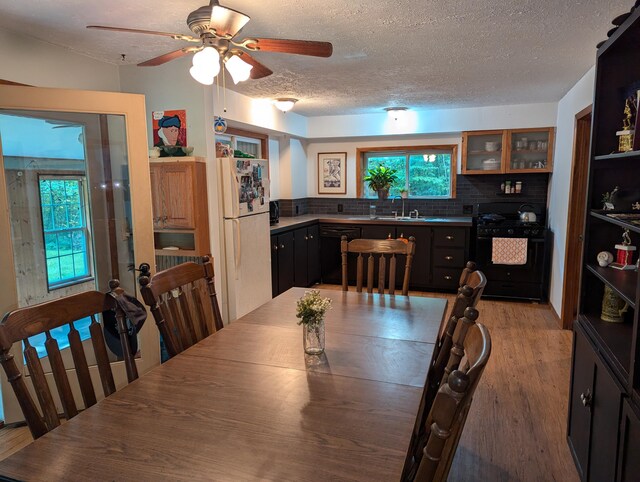 3290 Riverview Dr, Hersey, MI 49639 - dining area featuring a textured ceiling, a ceiling fan, and light wood-type flooring
