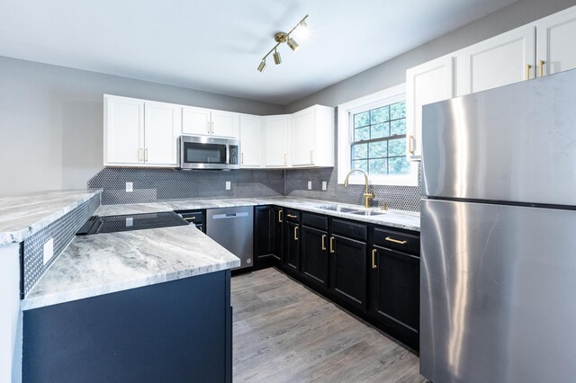 717 Tioga Park Unit 717, Big Rapids, MI 49307 - kitchen featuring appliances with stainless steel finishes, a sink, dark cabinets, white cabinetry, and light wood-style flooring