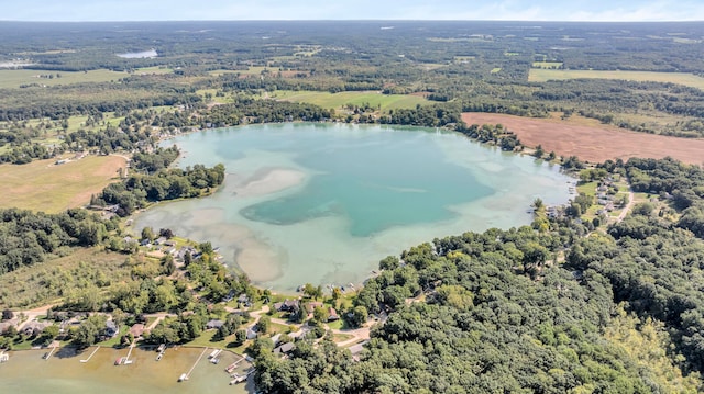 birds eye view of property featuring a wooded view and a water view