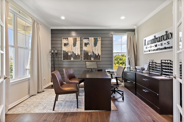 office featuring crown molding and dark wood-type flooring