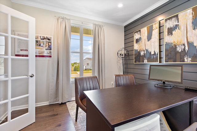 office area featuring crown molding and dark hardwood / wood-style floors