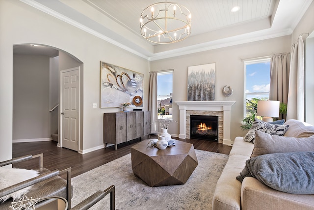 living room with a raised ceiling, dark wood-type flooring, and a wealth of natural light