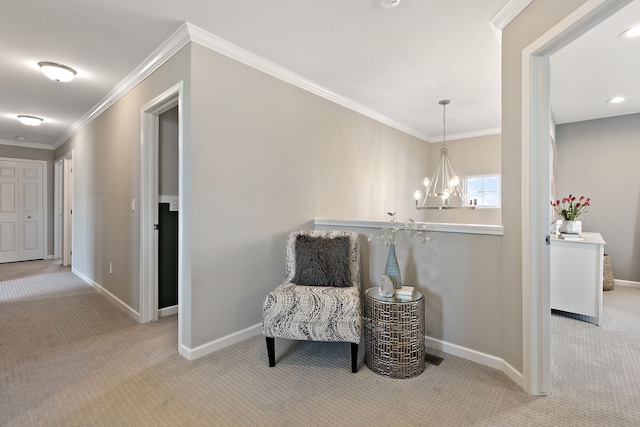 living area featuring ornamental molding, light carpet, and a chandelier