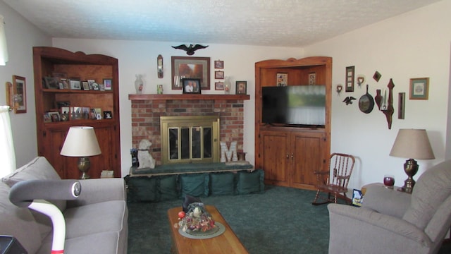 carpeted living room featuring a textured ceiling and a brick fireplace