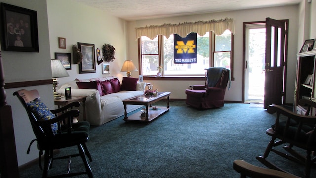 living room with carpet floors and a textured ceiling