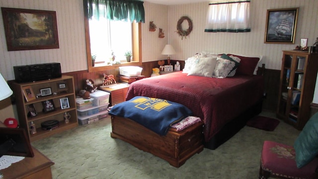 bedroom with light colored carpet