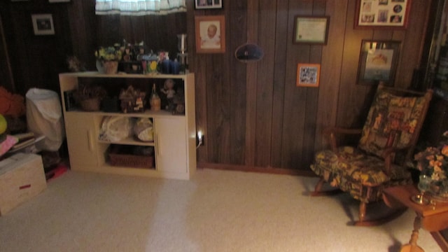 living area with wood walls and carpet floors