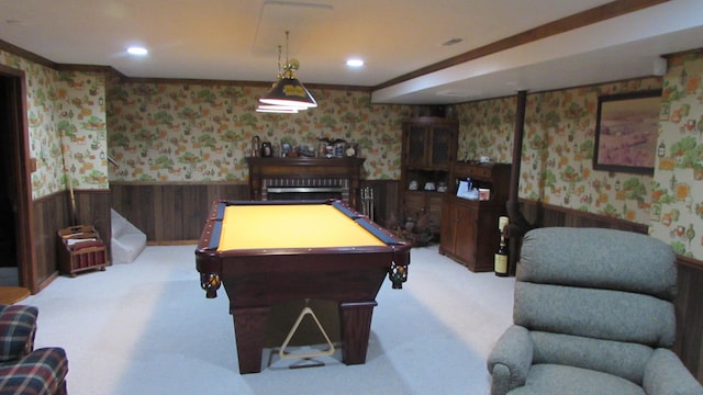 playroom with wooden walls, light colored carpet, and pool table