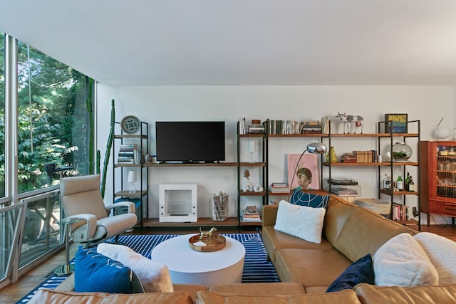 living room with hardwood / wood-style flooring and floor to ceiling windows