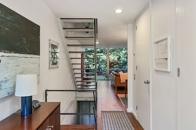 hallway with expansive windows and dark hardwood / wood-style flooring