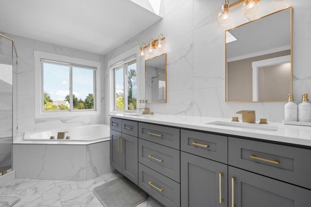 bathroom featuring vanity, separate shower and tub, tile walls, and crown molding