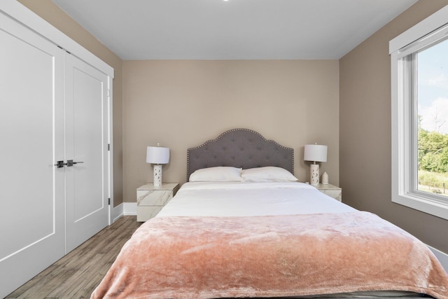 bedroom with a closet and hardwood / wood-style flooring