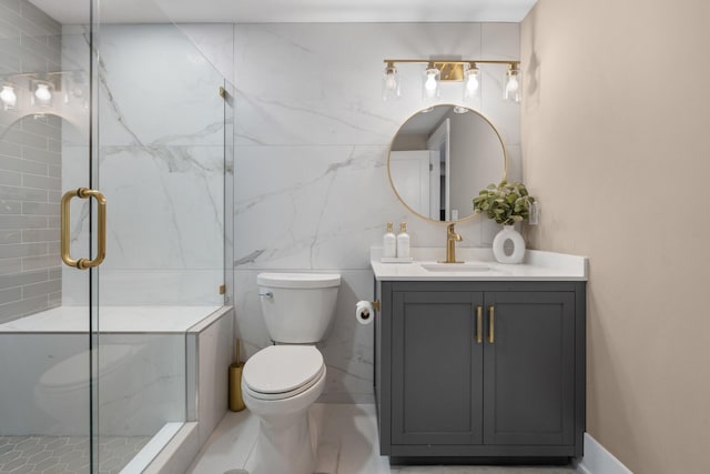 bathroom featuring vanity, toilet, and walk in shower