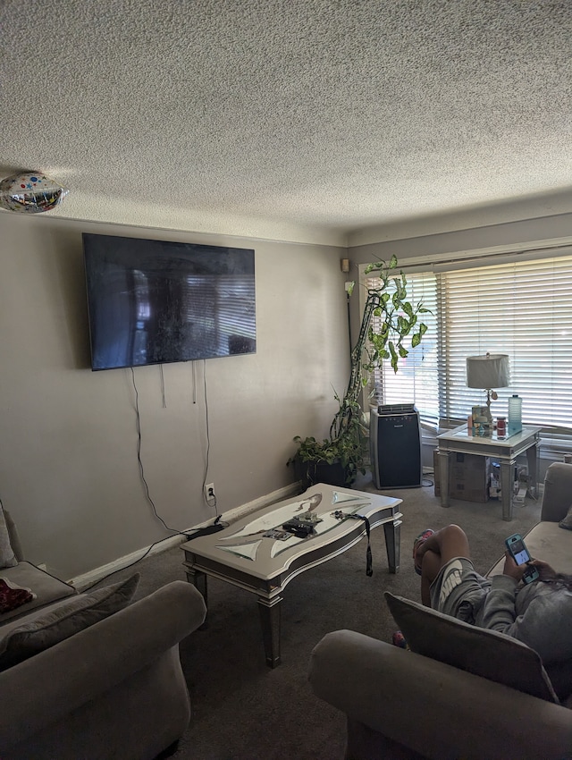 carpeted living room featuring a textured ceiling