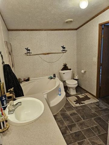 bathroom with a bathing tub, crown molding, sink, toilet, and a textured ceiling