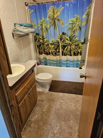 full bathroom featuring shower / bath combo, toilet, and vanity