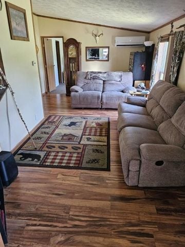 living room featuring a wall mounted air conditioner, hardwood / wood-style floors, a textured ceiling, and ornamental molding