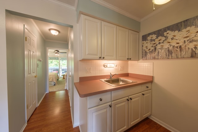 kitchen with tasteful backsplash, crown molding, sink, and dark hardwood / wood-style floors