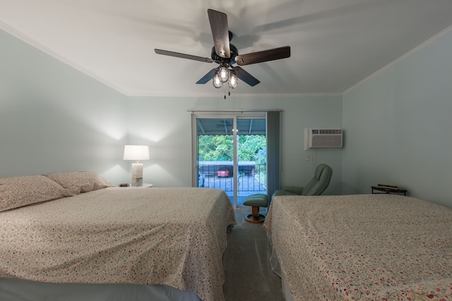 carpeted bedroom with access to exterior, an AC wall unit, ceiling fan, and ornamental molding