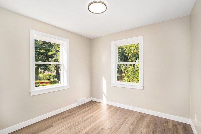 unfurnished room featuring a wealth of natural light and light hardwood / wood-style flooring