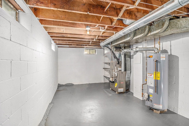 basement with gas water heater and heating unit