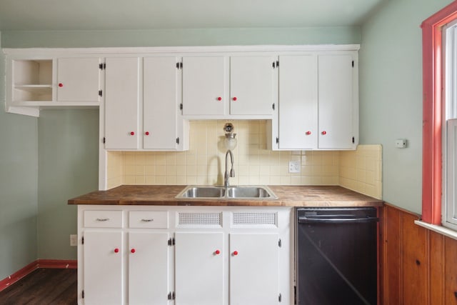 kitchen with white cabinets, decorative backsplash, dishwasher, and sink