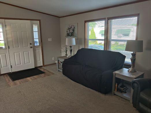 carpeted living room with crown molding