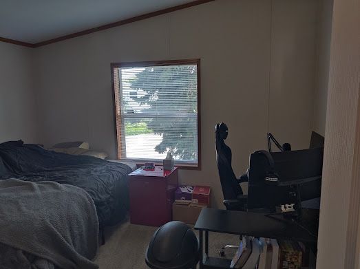 bedroom with lofted ceiling, carpet floors, and crown molding