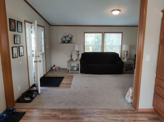 living room with hardwood / wood-style floors, lofted ceiling, and ornamental molding