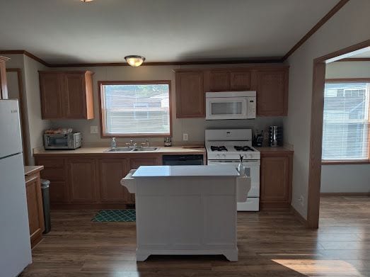 kitchen featuring sink, white appliances, dark wood-type flooring, and ornamental molding