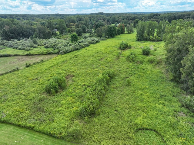 drone / aerial view featuring a forest view