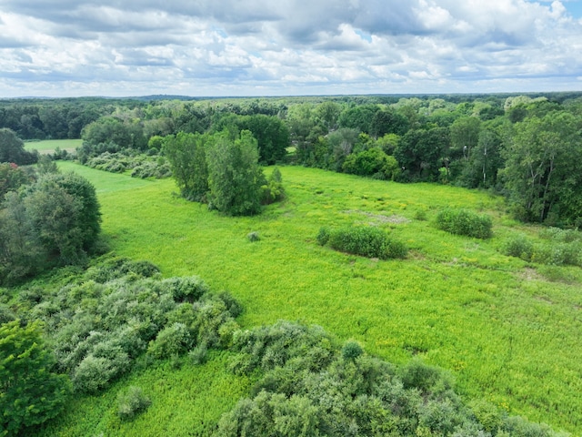 birds eye view of property featuring a wooded view