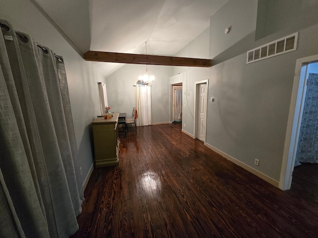 hallway with beamed ceiling, high vaulted ceiling, an inviting chandelier, and dark hardwood / wood-style flooring