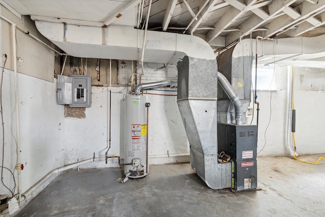 utility room with heating unit, electric panel, and water heater