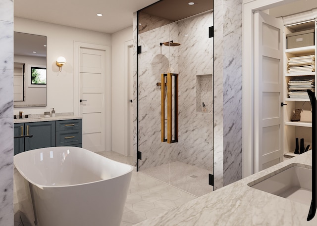 bathroom with tile patterned floors, vanity, and plus walk in shower