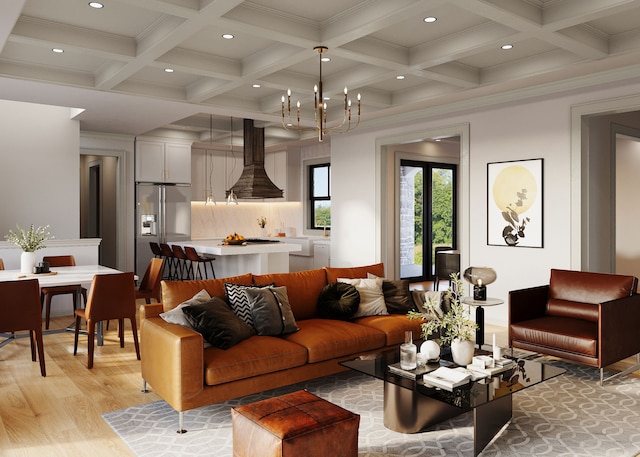 living room featuring coffered ceiling, an inviting chandelier, beamed ceiling, crown molding, and light wood-type flooring