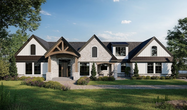 7513 Maple Ridge Dr, Clarkston, MI 48346 - view of front of house with stone siding, a front yard, and board and batten siding