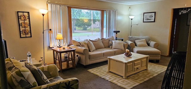 carpeted living room featuring crown molding