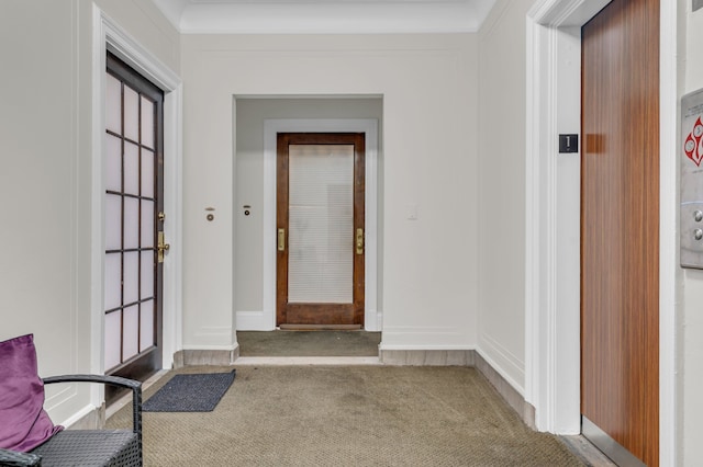 interior space featuring light colored carpet and elevator