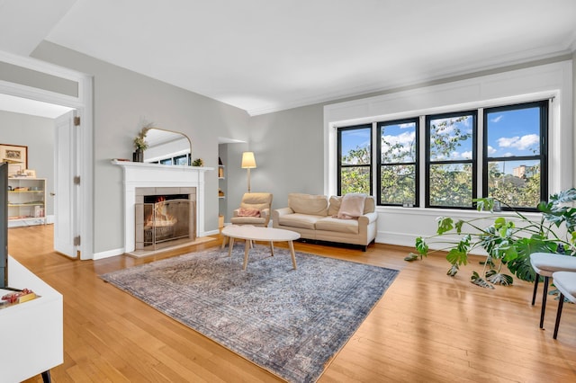 living room featuring a tile fireplace, a wealth of natural light, and hardwood / wood-style flooring